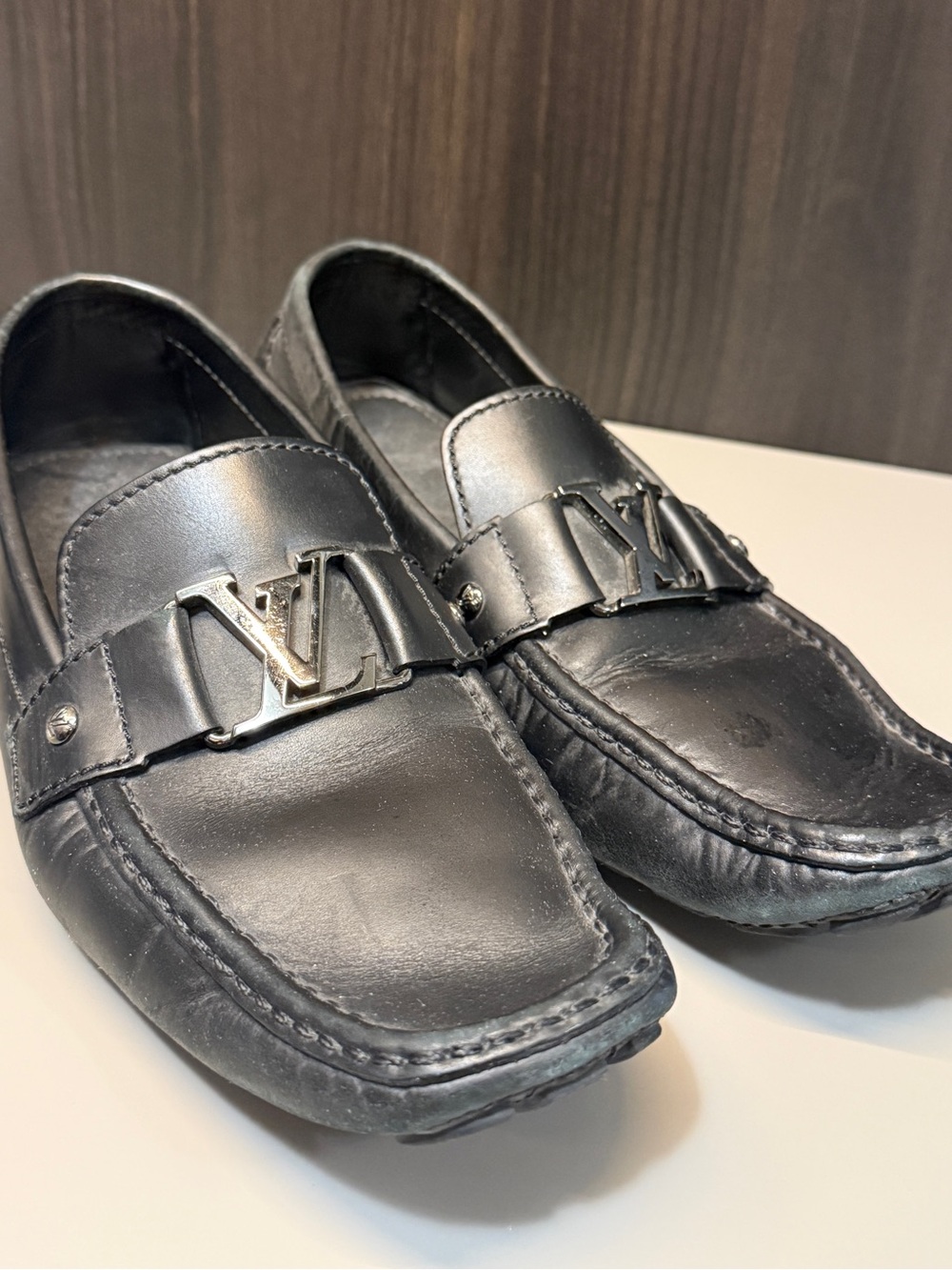 Louis Vuitton Black Leather Loafers with Silver LV Hardware